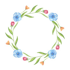 A round flower wreath with blue wild violets and pink roses. A watercolor frame with delicate wildflowers. A wreath of meadow flowers for greeting cards and wedding invitations.