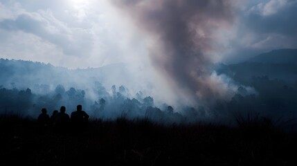 Silhouettes of people observe smoke rising from a forest fire in a remote hazy landscape