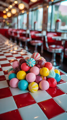 Pile of colorful gumballs on red and white checkered surface in a retro diner setting scene capture