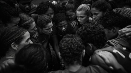 Soccer Team Huddled in a Circle Before a Match, Hands Joined in Unity