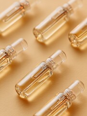Clear glass vials are lined up neatly, each filled with a light liquid. The background is a bright yellow, enhancing the focus on the vials and their contents