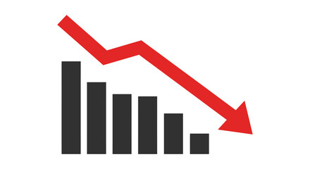 Financial decline illustrated by downward bar chart and red arrow symbolizing recession isolated on white background