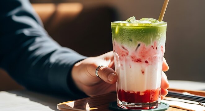 Refreshing Strawberry Matcha Latte in Glass.