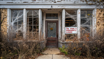 Spooky abandoned storefront with sign stating store permanently closed. Overgrown weed and cobweb cover eerie old building creating melancholic feeling