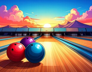 Bowling alley at sunset.  Colorful cartoon style