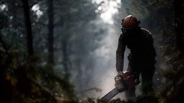 A logger in protective gear operates a chainsaw amidst flying sawdust in a dark misty forest setting