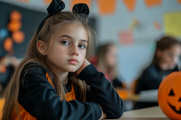 Ai generated photo of children in Day of the Dead costumes participating in a school event