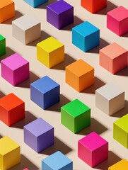 Naklejka premium Many wooden blocks in various colors are organized in a grid-like pattern. Each block casts a soft shadow on the light surface, enhancing the visual appeal