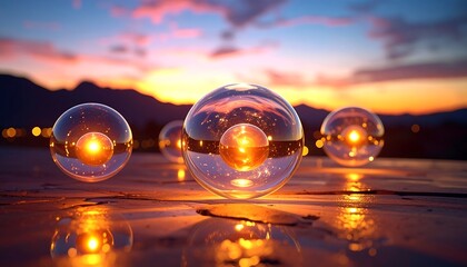 A reflective surface displays glowing orbs with a background sunset, mountains, and distant city lights. The spheres capture the sky's colors