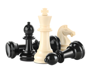 White king chess piece stands tall over fallen pieces isolated on a transparent background