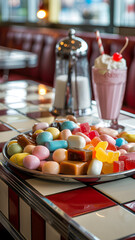Assorted candies on a silver tray with a milkshake and sugar dispenser in the background at a diner