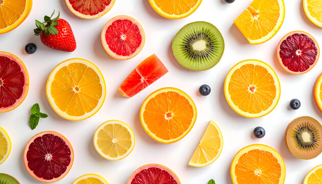 Overhead shot of various sliced citrus fruits and berries scattered on a white surface. - Powered by Adobe