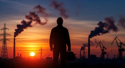Industrial Sunset Silhouette Worker.
