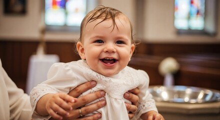 Baby smiling during baptism in church.