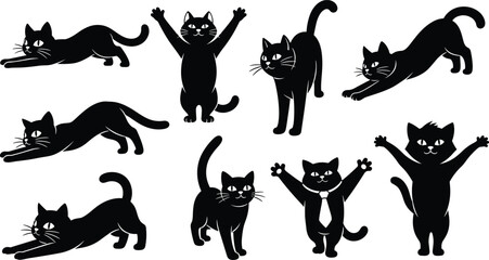 Black cat silhouettes, cartoon cats, playful poses, stretching, walking, sitting, tie cat, expressive animals, funny illustration, vector artwork, feline design