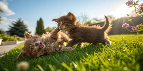 Havanese Brown kittens play together with a smile on a green lawn.