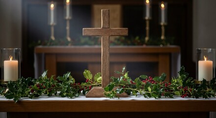 Wooden cross on altar surrounded by candles and greenery.