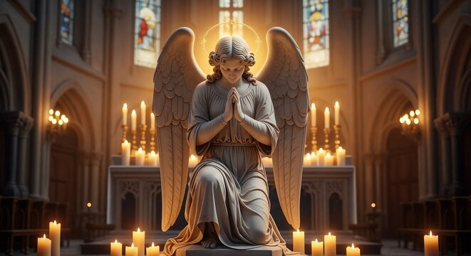 Angel statue with folded hands in prayer, candles around.