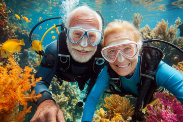 Smiling senior couple scuba diving among colorful coral and fish