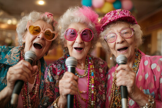 Three cheerful senior women singing karaoke together - Powered by Adobe