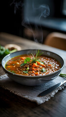 A bowl of lentil soup with carrots and herbs on a table with steam rising from the hot soup dish