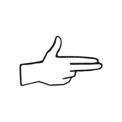 Minimalist black and white line drawing of a human hand in finger gun gesture. Simple outline illustration isolated on white background.
