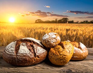 Breads in a golden field at sunset