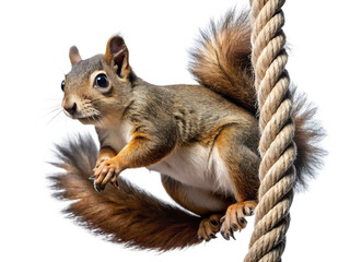 Adorable squirrel clinging to a thick rope with a white background animal rodent isolated on a transparent background