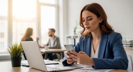 Obraz premium Focused businesswoman skillfully managing her mobile device at a modern office desk, seamlessly blending productivity with professional style.