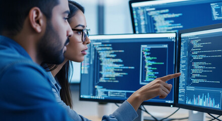 Focused programmers collaborating on complex code, analyzing data visually on multiple monitors in a modern tech office environment
