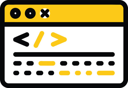 Stylized browser window displaying code snippets and icons