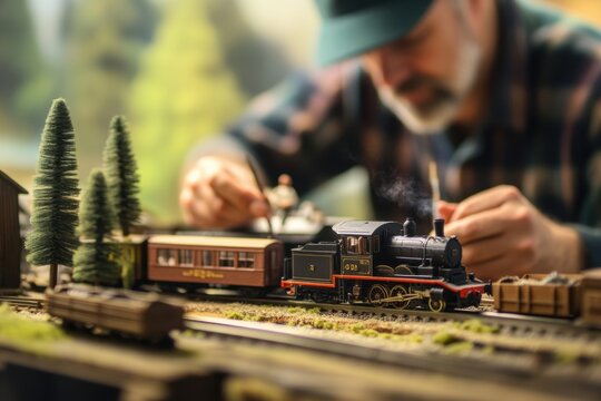 Enthusiast craftsminiature train scene with detailed model and natural elements