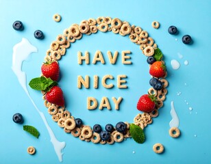 Breakfast message surrounded by cereal, fruit, and milk