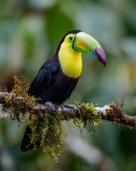 Obraz premium Toucan with Colorful Beak Sitting on Mossy Branch in Tropical Rainforest