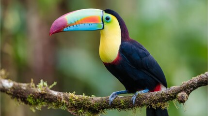 Toucan with Colorful Beak Sitting on Mossy Branch in Tropical Rainforest