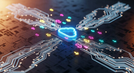 Dynamic digital cloud network connecting data streams with vibrant neon arrows on a futuristic circuit board, representing innovation and connectivity.