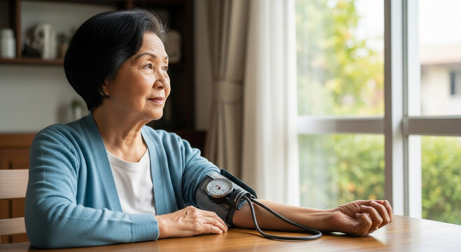 Serene senior woman monitors her health at home, checking blood pressure with a smile, embracing wellness and independence