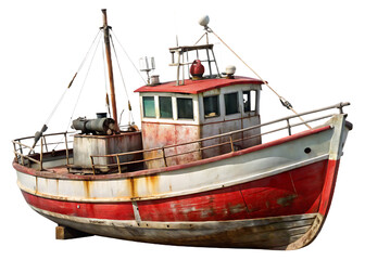 Aged Red And White Fishing Boat With Rusty Superstructure trawler vessel isolated on a transparent background