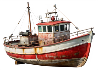 Aged Red And White Fishing Boat With Rusty Superstructure trawler vessel isolated on a transparent background
