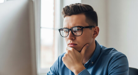 Focused young businessman with glasses contemplating a complex problem while working at his modern office desk, seeking solutions.