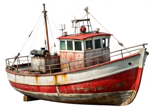 Aged Red And White Fishing Boat With Rusty Superstructure trawler vessel isolated on a transparent background