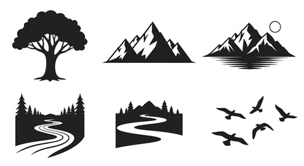 Fototapeta premium Silhouetted Nature Elements: Trees, Mountains, Rivers, and Flying Birds.