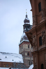 Old Riga view with church spires in wintertime.