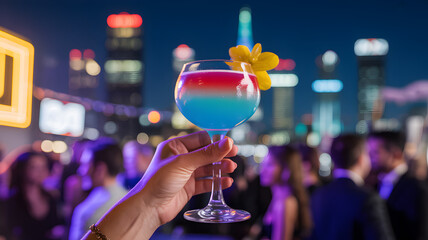 Hand holding a layered cocktail with a flower garnish at a rooftop party with city skyline view