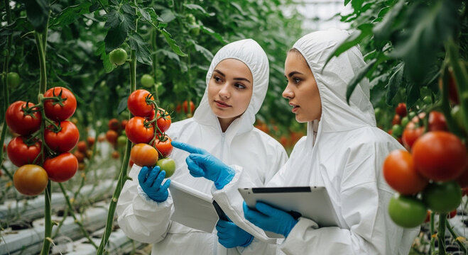 Scientists in hazmat suits monitor thriving tomato plants in a modern greenhouse, examining fruit growth with digital tablets for agricultural innovation. - Powered by Adobe