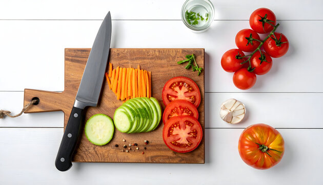 Sliced vegetables on a wooden cutting board, ready for cooking.