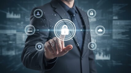 A businessman pressing a glowing digital lock with secure data network icons for vendor management, supplier management