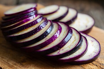 Close-up of sliced purple eggplant on wooden board.