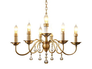 Antique Brass Chandelier with Crystal Drops and Flame Bulbs gold metal isolated on a transparent background
