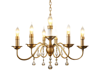 Antique Brass Chandelier with Crystal Drops and Flame Bulbs gold metal isolated on a transparent background